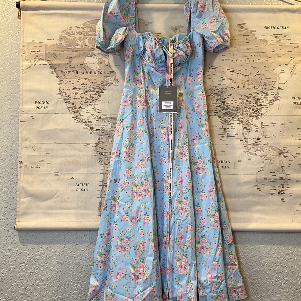 House of CB Tallulah Blue Vintage Floral Puff Sleeve Midi Dress NWT - Picture 9 of 10